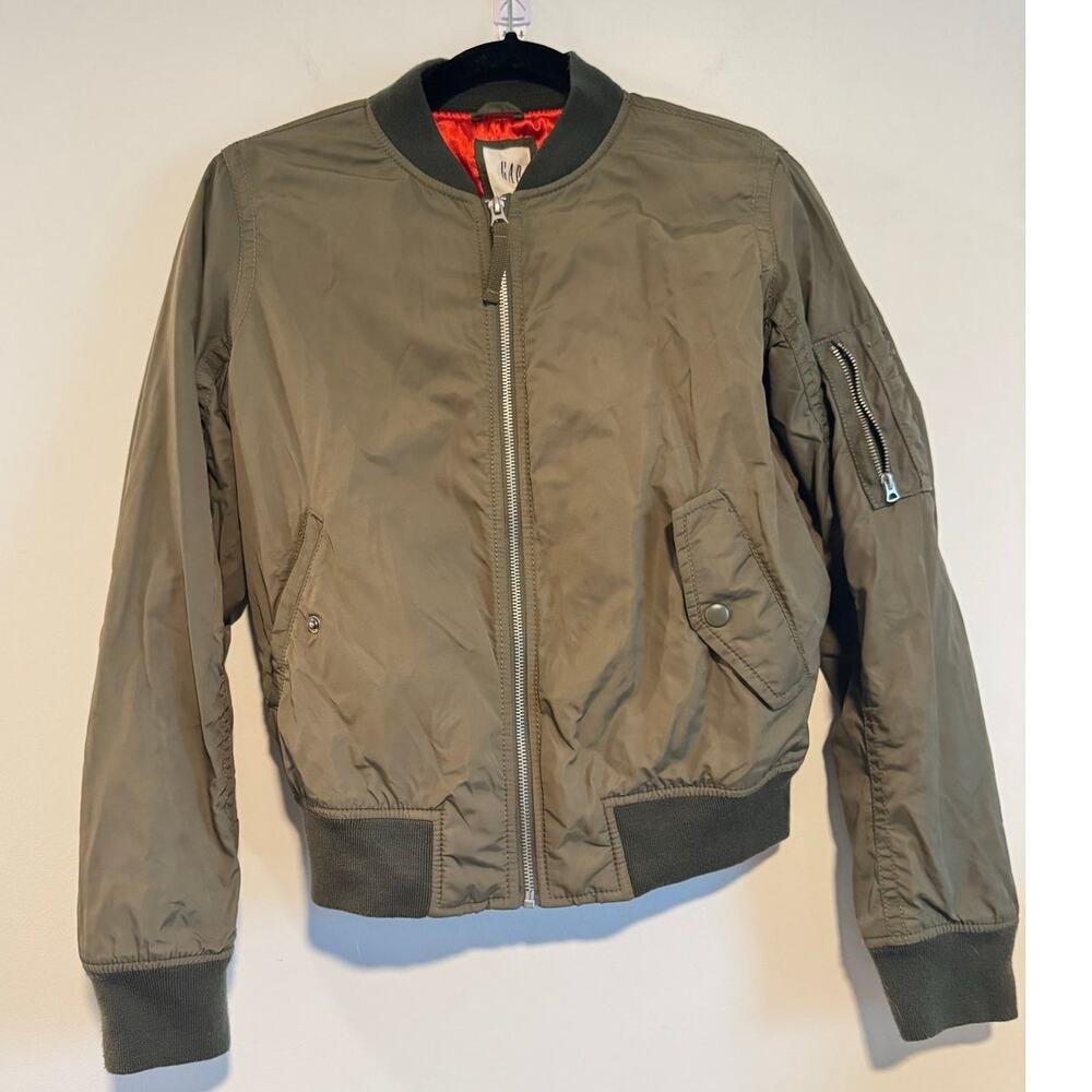 GAP Women’s Bomber Jacket XS Olive Green‎ Nylon Orange Lining Military Style